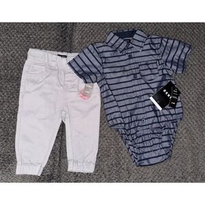 DKNY Baby Boys Stripe Woven Creeper and Twill Pant, Dress Blues, 6-9 Months